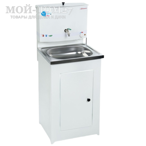 Умывальник с подогревом нерж. мойка | Мой-Дом27 Умывальник с подогревом нерж. мойка | Мой-Дом27 | Объем бака – 17 литров с нагревателем мощностью 1,25 кВт Время нагрева до 60 градусов – 30 минут<br>
 Материал умывальника – сталь толщиной 0,7 мм<br>
 Мойка – нержавеющая сталь<br>
 Кран – металлический<br>
Поставляется в разобранном виде, в коробке 80*54*20 см с ручками